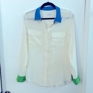 Equipment slim signature 100% silk white blouse with blue and green colorblock